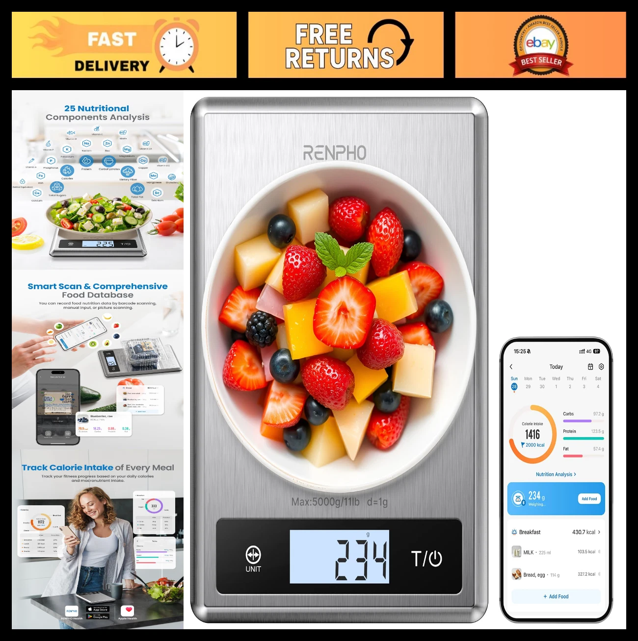 Digital Food Scale with Nutritional Calculator - Kitchen Weight Scale for Grams