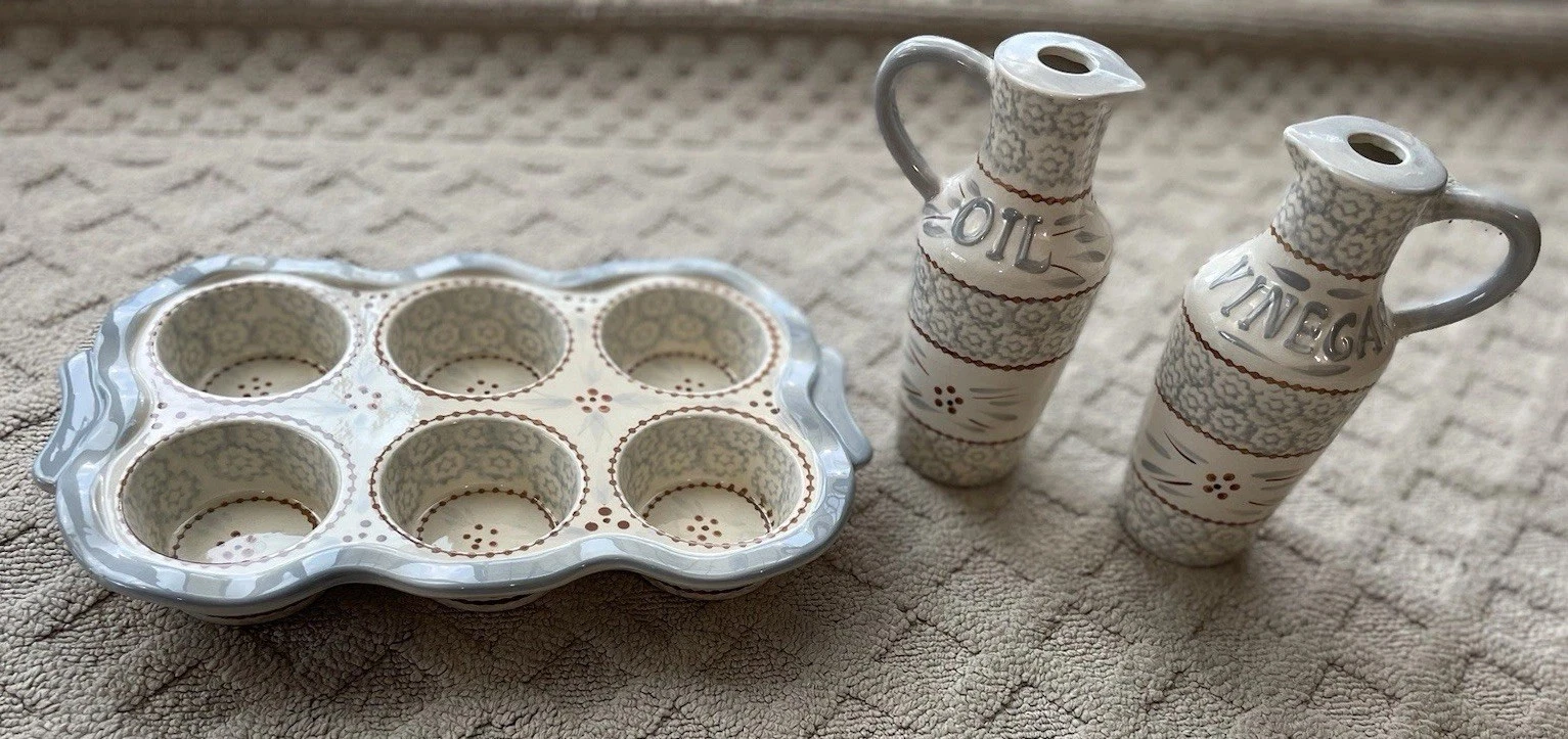 Temptations by Tara Old World Ceramic 6 Muffin/ Cupcake Pan & Oil & Vinegar Set