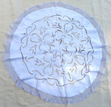 NAPPE ANCIENNE BLANCHE RONDE EN COTON LIN - BRODERIES RICHELIEU -  diam : 92 cm