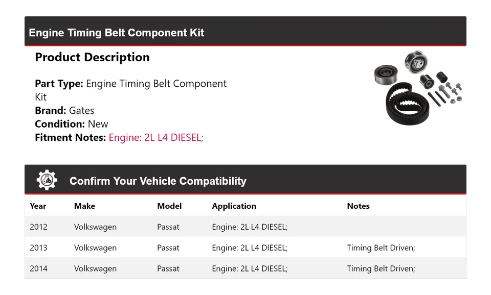Kit de componentes de correa de distribución de motor Volkswagen Passat 2012-2014 puertas 2013 Foto 2 de 3