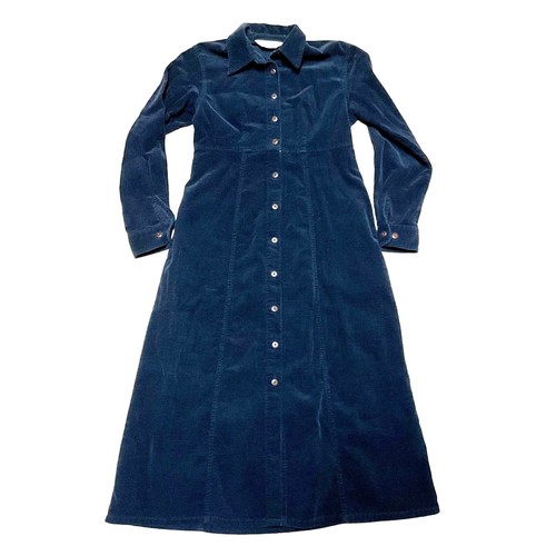 NAVY BLUE CORDUROY DRESS SIZE 2P BUTTON MAXI POCKETS COLLAR EDDIE BAUER WOMENS