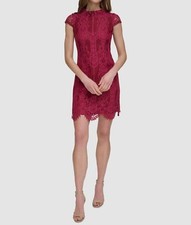 Vince Camuto Women's Red Lace Mock Neck Cap Sleeve Shift Dress Size 14