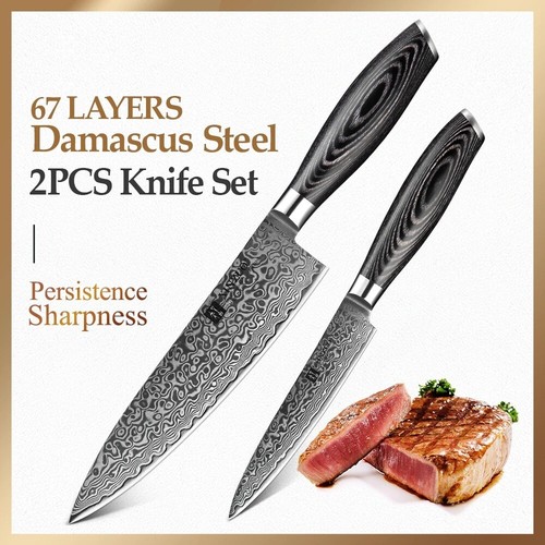 Chef Utility Knife Set 67 Layers Damascus Steel Wood Handle Beef Slicing Paring