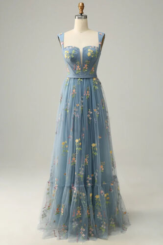Lowime Puffy Sleeve Embroidery Flower Long Prom Dresses Train Evening Gowns - Picture 30 of 34