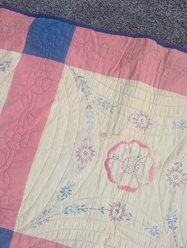 Vintage Patchwork Quilt Pink Trim 84” X 65" - Picture 4 of 7