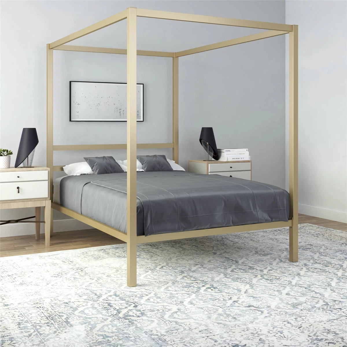 Queen gold sale canopy bed