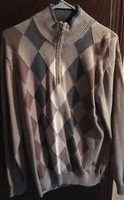 Men's BASS Gray/Brown/Tan Cotton Argyle 1/2-Zip Cotton Sweater Sz L- Pre owned
