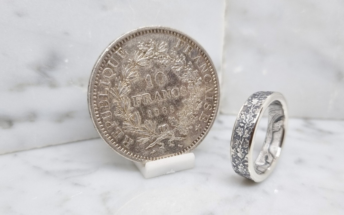 Bague Pièce De Monnaie 10 Francs Hercule En Argent Serti Rubis - Coin Ring Neuf