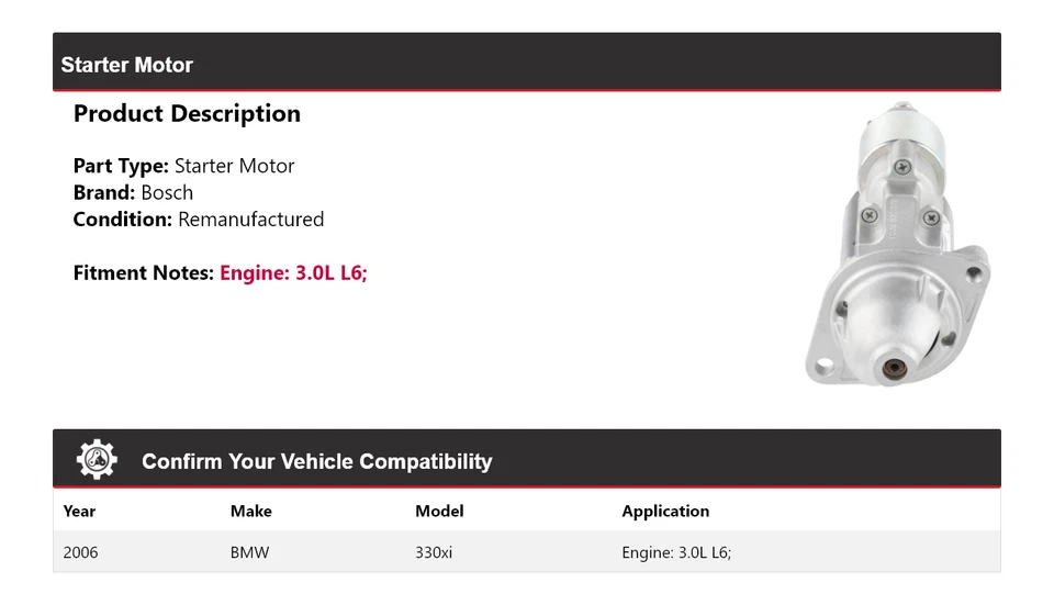 For 2006 BMW 330xi 3.0L L6 Bosch Starter (Remanufactured) - Image 2 of 4
