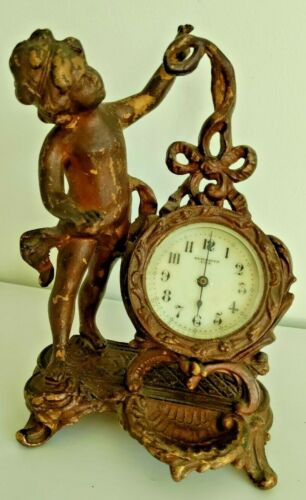 Stunning 19th C. French Antique Gilt Figural Mantle Clock on Giltwood Stand - Afbeelding 1 van 8