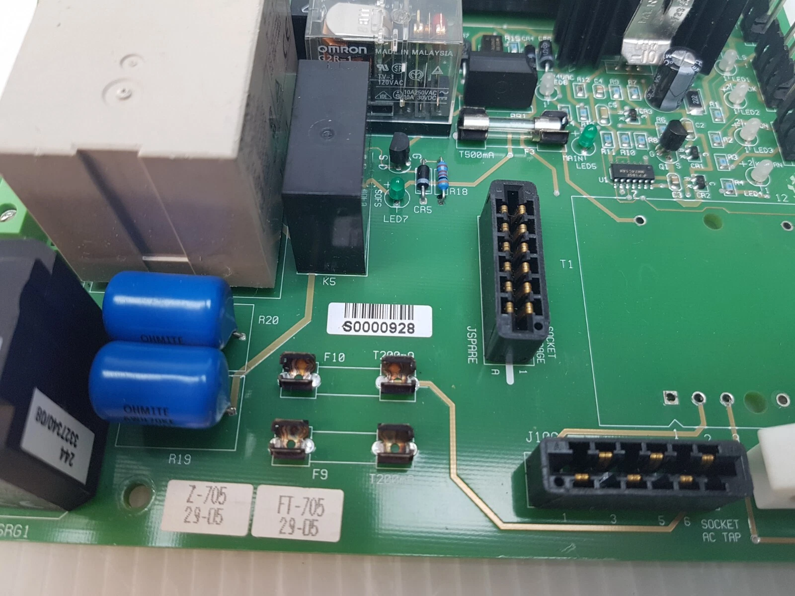 Close-up of the Rev C board near K5, JSPARE socket and SOCKET AC TAP connector