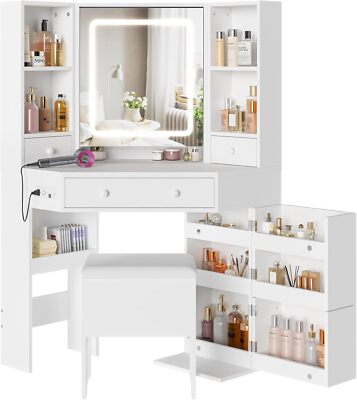 Corner Vanity Desk with Lights and Charging Station Makeup Vanity  White