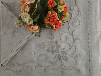 Hand Embroidered Linen Hemp Tablecloth 12 Seater Handmade