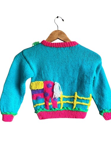 Vintage Rachel's Kids Blue Sweater Horse in Stables Colorful and Fun Size 4 -NEW - Picture 2 of 5