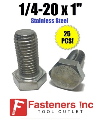 (Qty 25) 1/4-20 x 1'' Stainless Steel Hex Cap Screw Full Thread Bolt 18-8