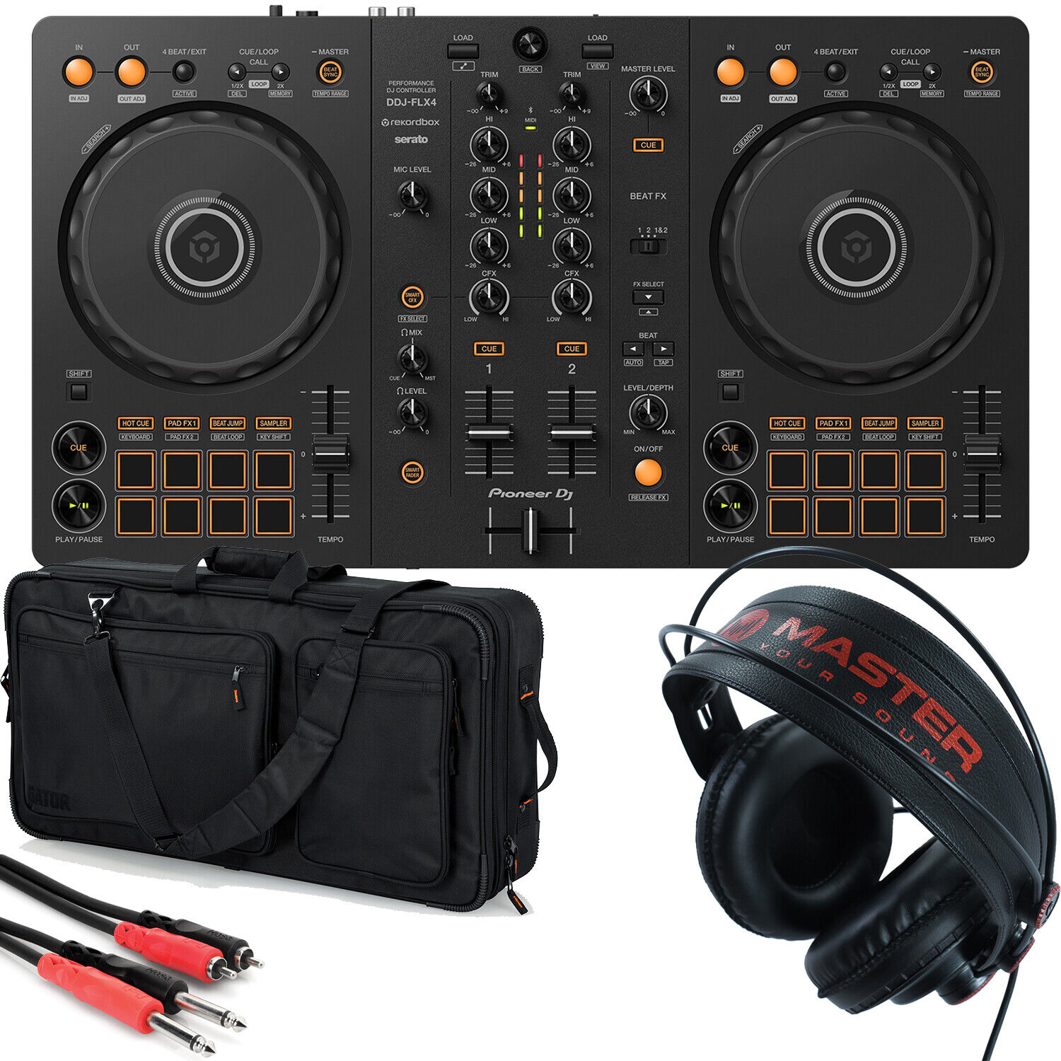 Pioneer DDJ-FLX4 DJ Controller, Backpack, Headphones & Stereo Interconnect Cable