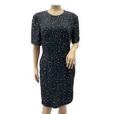 80s Stenay Vintage Silk Black Sequin Beaded Short Sleeve Dress Keyhole Back P12