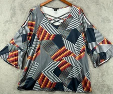 Robert Louis Womens Plus 2X Tops Blue Geometric Mulitcolor Shirt Open Shoulder