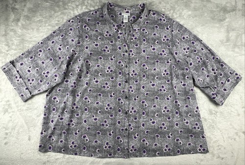 Catherines Damen Shirt 5X Plus schwarz weiß lila Blumenmuster Knopfleiste Kragen - Bild 3 von 12