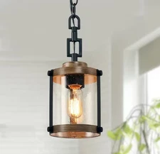 LNC Brown Chandelier 1-Light Black Drum Mini Pendant w/ Seeded Glass Shades