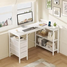 L Shaped Desk with Drawers Shelf 47 Inch, White Corner Computer Desks Gaming ...