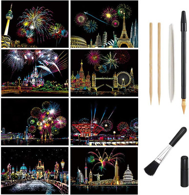 Scratch Art Paper, Rainbow Night View Scratchboard Pads for Adults and Kids, Min