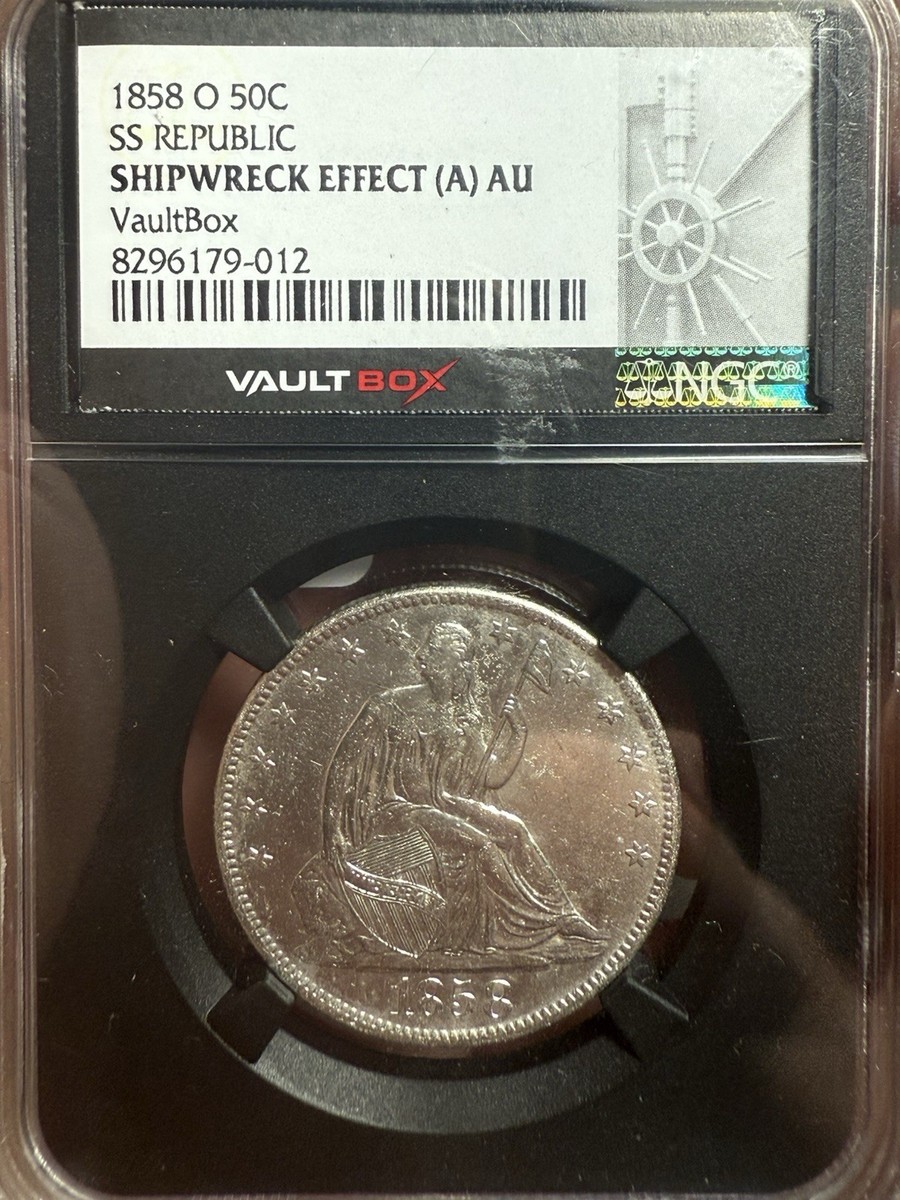 1858-o NGC VAULT BOX SS Republic Ship Wreck Seated Half Dollar