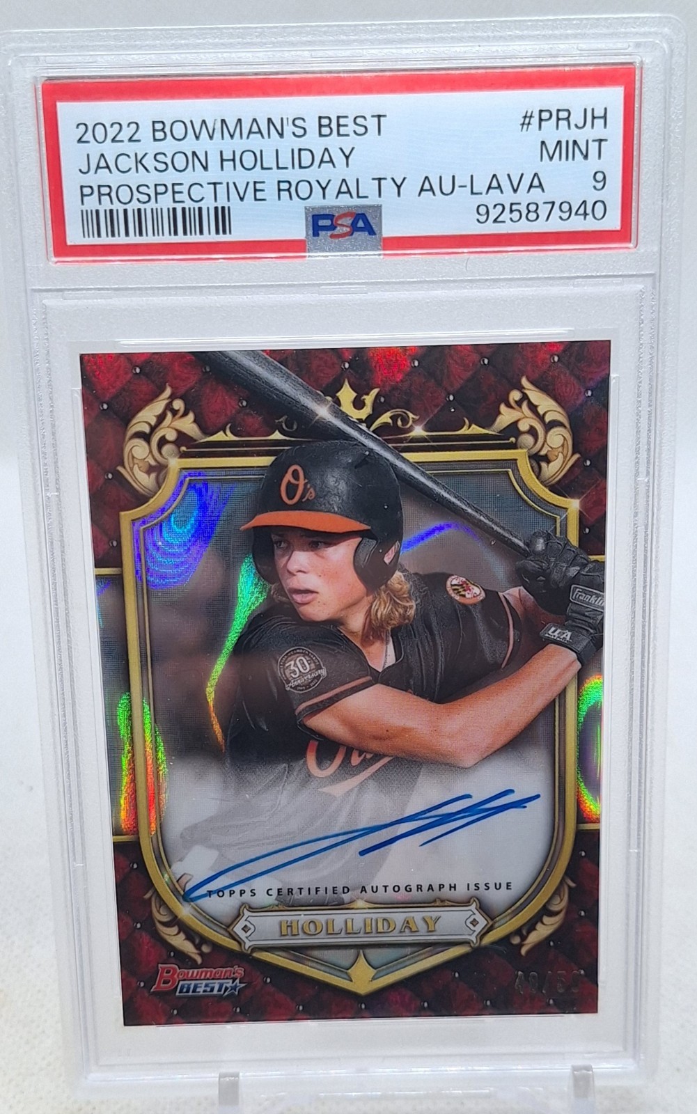 JACKSON HOLLIDAY 2022 BOWMAN BEST PROSPECTIVE ROYALTY RED LAVA #48/50 AUTO PSA 9