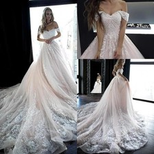 Elegant Wedding Dresses Blush Pink Off Shoulder Applique Backless Bridal Gowns