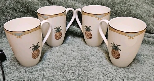 SET  4- LENOX British Colonial Collection Colonial Bamboo PINEAPPLE Coffee MUGS