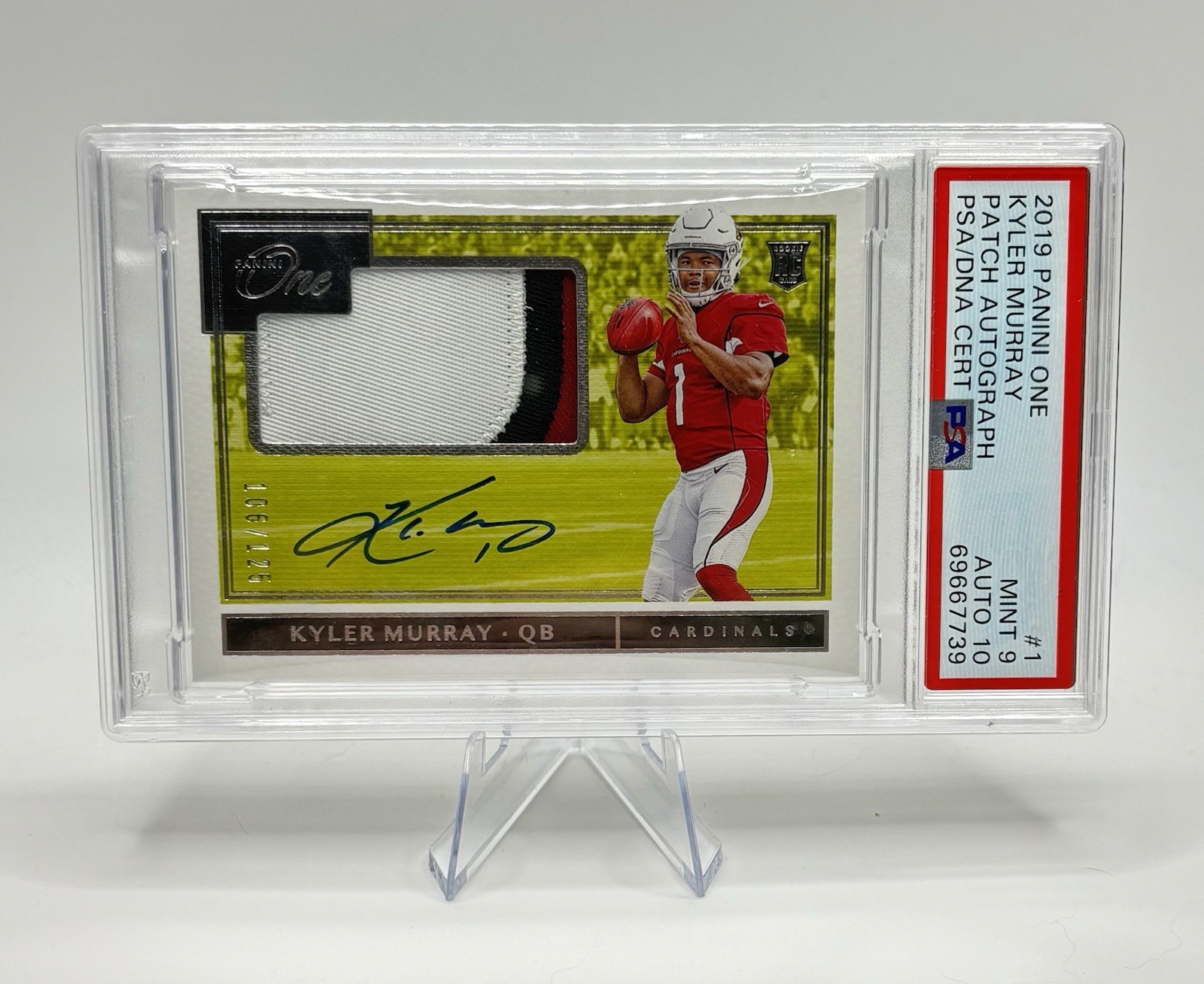 2019 Panini One Kyler Murray Rookie Patch Autograph GAME WORN /125 PSA 9 AUTO 10 view 3