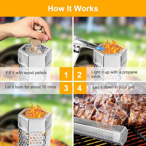 Tubo Affumicatore Pellet, Confezione da 2 12'' Acciaio Inox BBQ Legno 2 Tubi - Foto 2 di 7