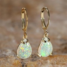 9ct Gold Gf Opal White Fire Stone Teardrop Boho Lever Back Earrings