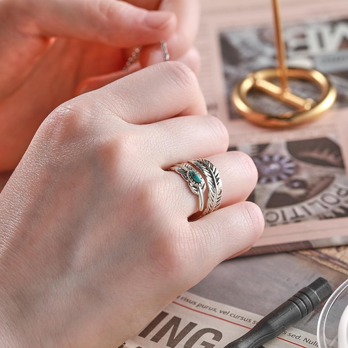 Feather Ring with Black Onyx & Turquoise - Adjustable Stacking Vintage Design - Picture 5 of 12