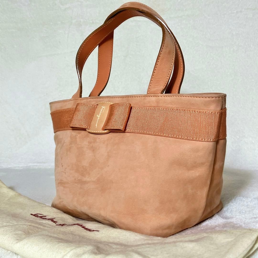 Salvatore Ferragamo Hand Bag Tote Purse Vara Ribbon Pink Beige Authentic