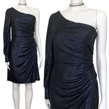 Nightway Navy One Sleeve Metallic Cocktail Dress. S/M 8. Asymmetrical Glam Rock