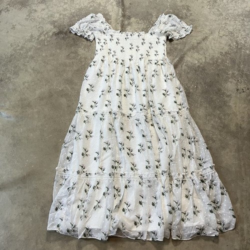 OPT Cypress Dress Womens Size XL White Floral Smocked Top Puff Sleeve Midi