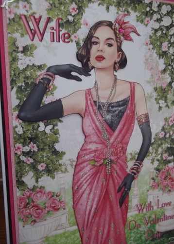 handmade art deco personalised Wife valentine's card lady in hot pink roses 2024 - Picture 3 of 4
