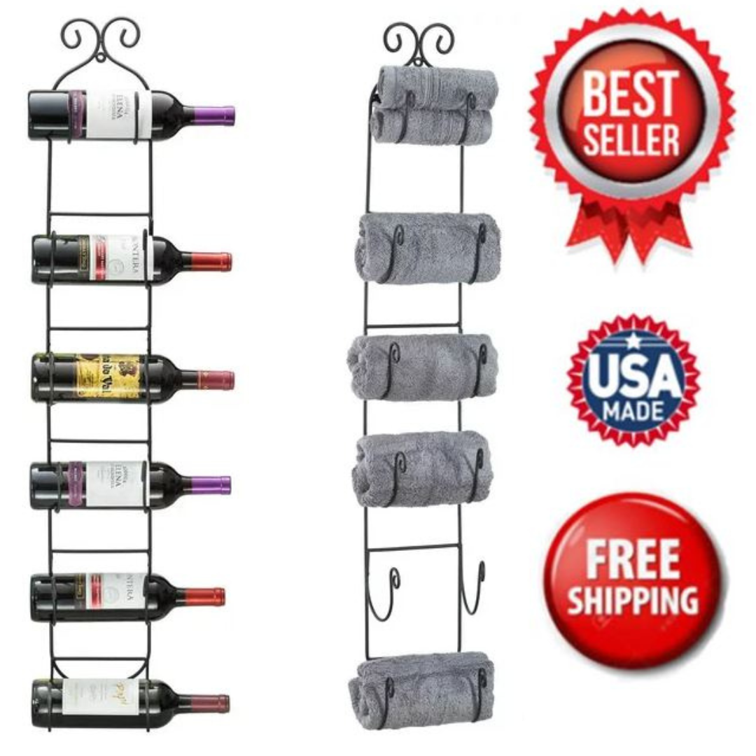 Black Wall Mount Wine Rack Bottle Storage Wrought Iron Vertical