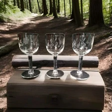 3 Vintage Mid Century Modern Floral Etched Crystal Cordial Sherry Glasses 4.50"H