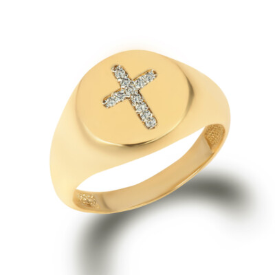 Yellow Gold Diamond Cross Signet Ring