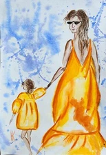 Mother Painting Daughter Original Art Woman Watercolor Girl Small Wall Art 10x14