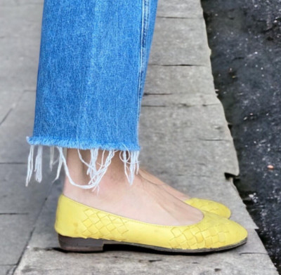 BOTTEGA VENETA Mustard Yellow Intrecciato Leather Flat Ballet Shoes, Size 36