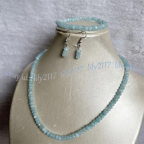 Faceted Aquamarine Natural Gems Rondelle Beads Necklace Bracelet Earrings Set - Picture 3 of 9