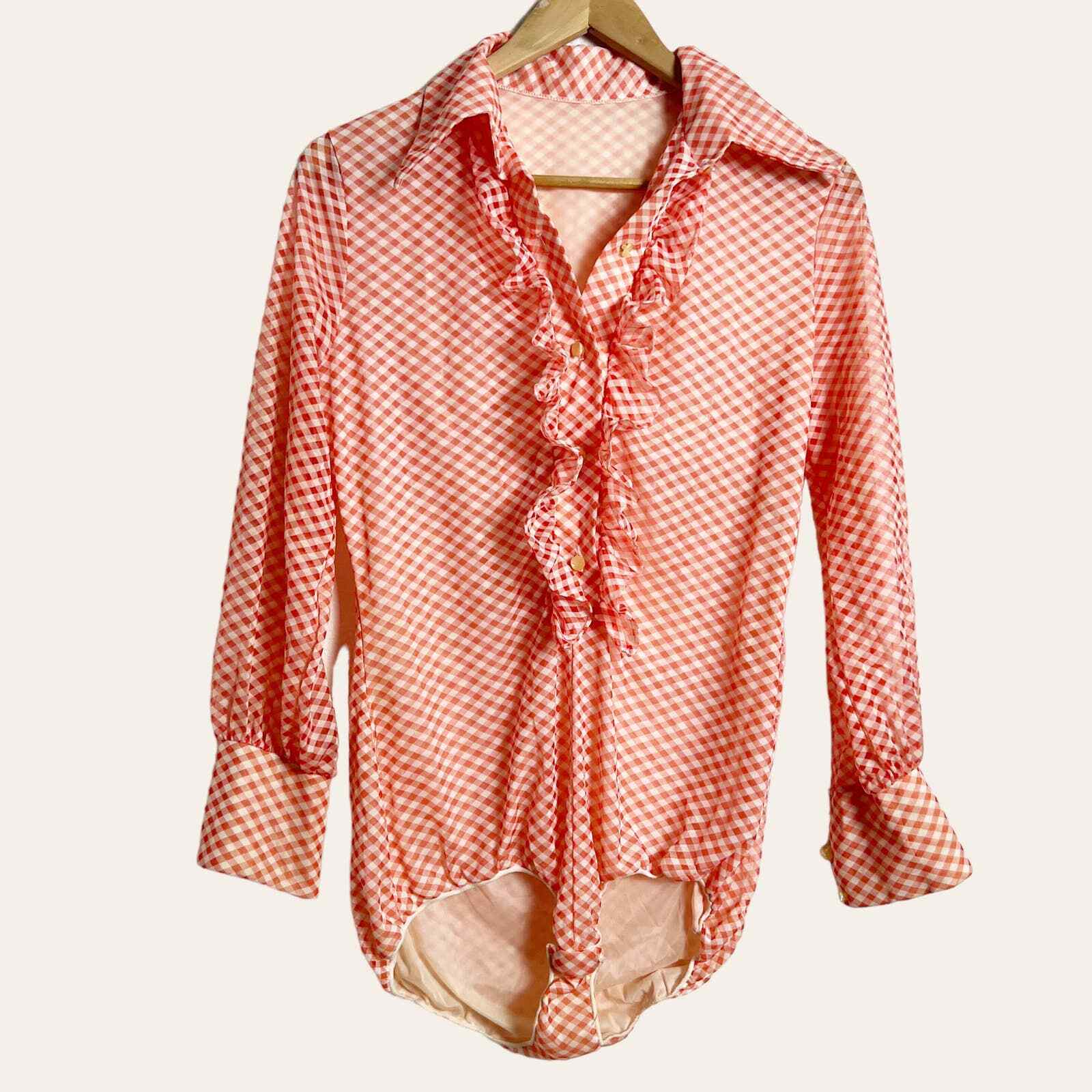 70’s Vintage Red Gingham Check Print Ruffle Front Col… - Gem