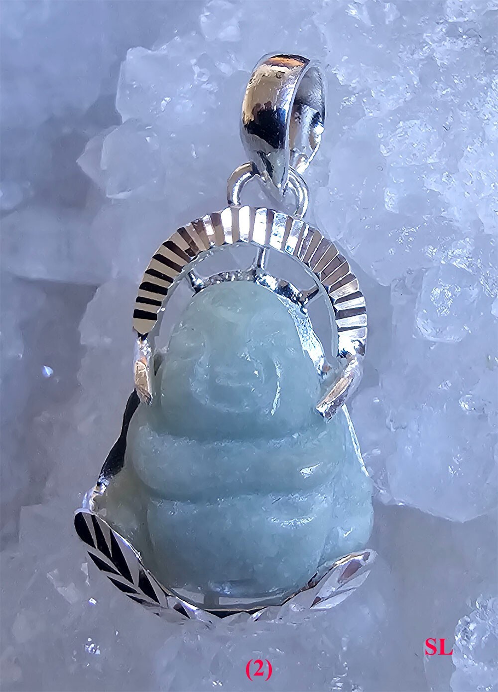 Pendentif Bouddha en jade naturel d'exception monté sur argent fin 925