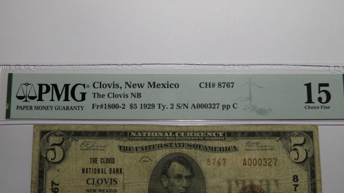 $5 1929 Clovis New Mexico NM National Currency Bank Note Bill Ch. #8767 F15 PMG - Picture 3 of 4