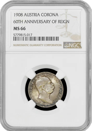 Austria 1 corona 1908, NGC MS66, "60th Anniversary of Reign" silver coin