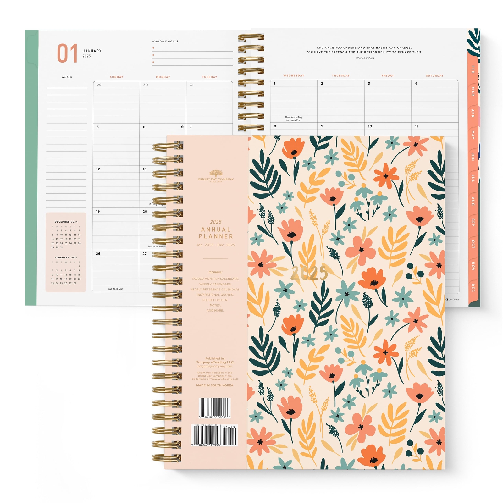 2025 Floral Annual Planner by Bright Day Yearly Monthly Weekly Daily Spiral B...