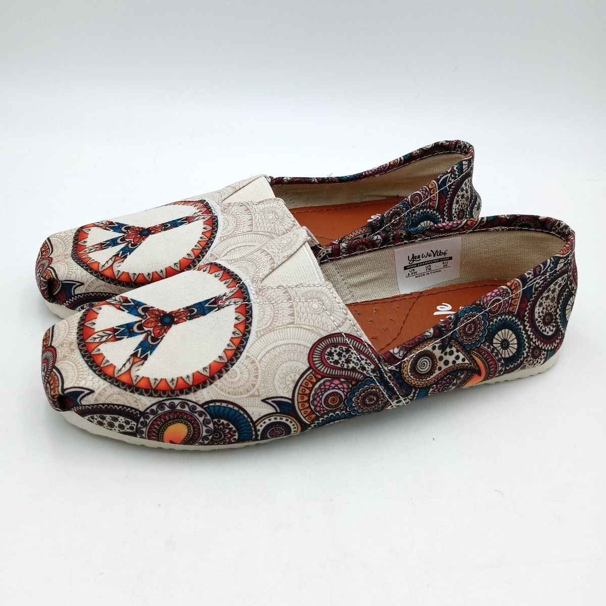 Yes We Vibe Peace Sign Boho Hippie Canvas Flats Slip On Shoes 8.5